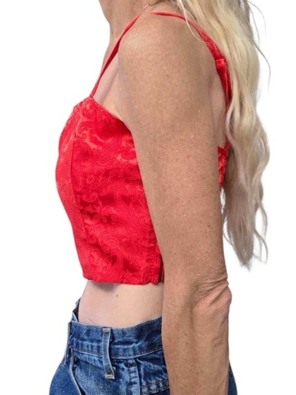 Sugar Thrillz Red Satin Corset Crop Top Lace Jacquard Bustier M - Picture 2 of 7